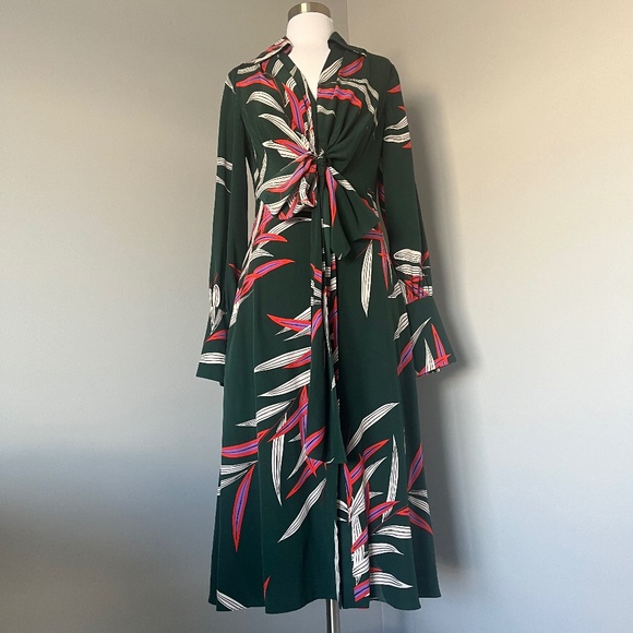 $468 DIANE VON FURSTENBERG QUINCY HUNTER PALM LEAVES SILK WRAP EFFECT MIDI DRESS - Picture 6 of 16